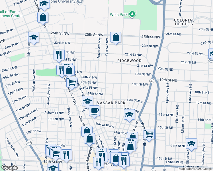 map of restaurants, bars, coffee shops, grocery stores, and more near 1726 Yale Avenue Northwest in Canton