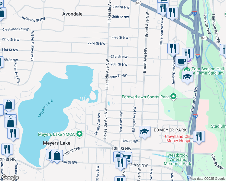 map of restaurants, bars, coffee shops, grocery stores, and more near 3039 17th Street Northwest in Canton