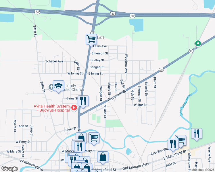 map of restaurants, bars, coffee shops, grocery stores, and more near 910 Maple Street in Bucyrus