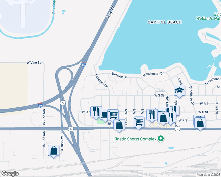 map of restaurants, bars, coffee shops, grocery stores, and more near 510 Lakeside Drive in Lincoln