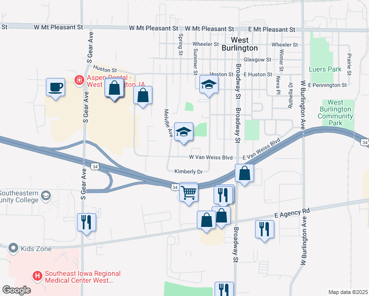 map of restaurants, bars, coffee shops, grocery stores, and more near 408 West Van Weiss Boulevard in West Burlington