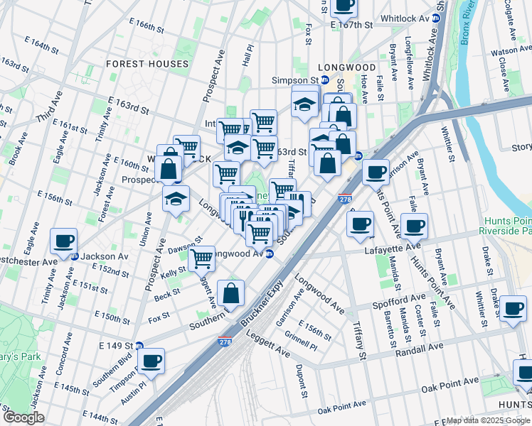 map of restaurants, bars, coffee shops, grocery stores, and more near 855 Fox Street in Bronx