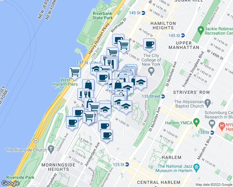 map of restaurants, bars, coffee shops, grocery stores, and more near 529 West 133rd Street in New York