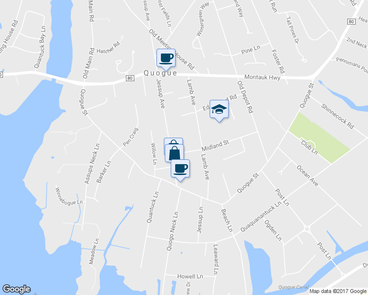 map of restaurants, bars, coffee shops, grocery stores, and more near 7 Midland Street in Riverhead