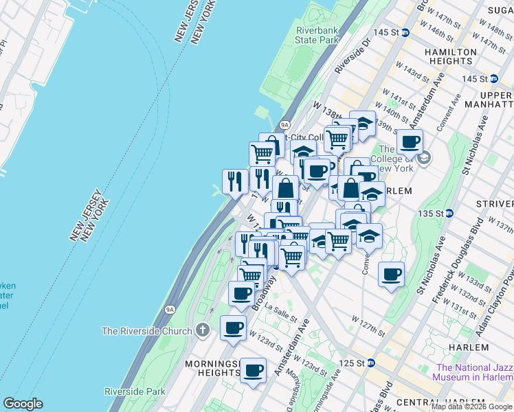 map of restaurants, bars, coffee shops, grocery stores, and more near 655 West 130th Street in New York