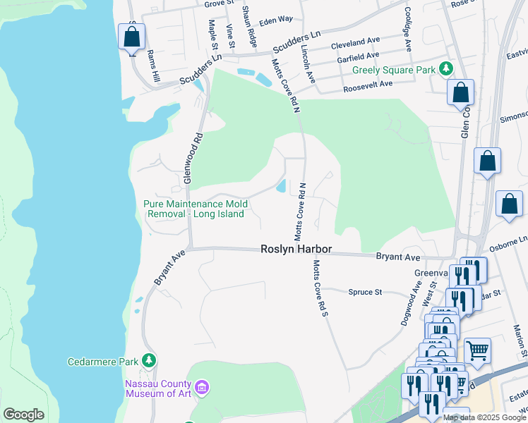 map of restaurants, bars, coffee shops, grocery stores, and more near 10 Montrose Drive in Roslyn