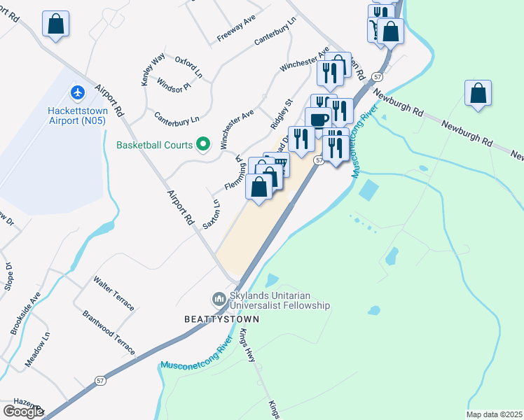 map of restaurants, bars, coffee shops, grocery stores, and more near 1885 New Jersey 57 in Hackettstown