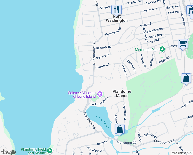 map of restaurants, bars, coffee shops, grocery stores, and more near 18 Elm Sea Lane in Manhasset