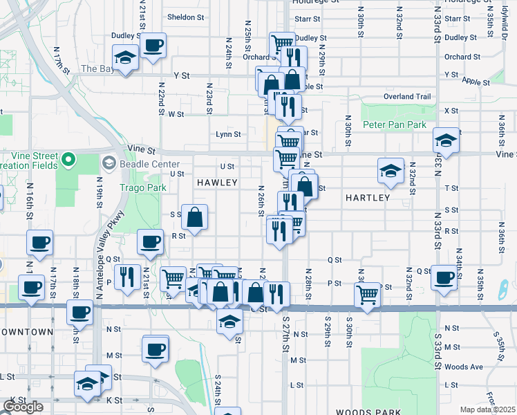 map of restaurants, bars, coffee shops, grocery stores, and more near 2546 S Street in Lincoln