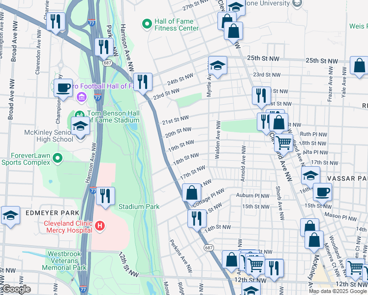 map of restaurants, bars, coffee shops, grocery stores, and more near 1526 19th Street Northwest in Canton