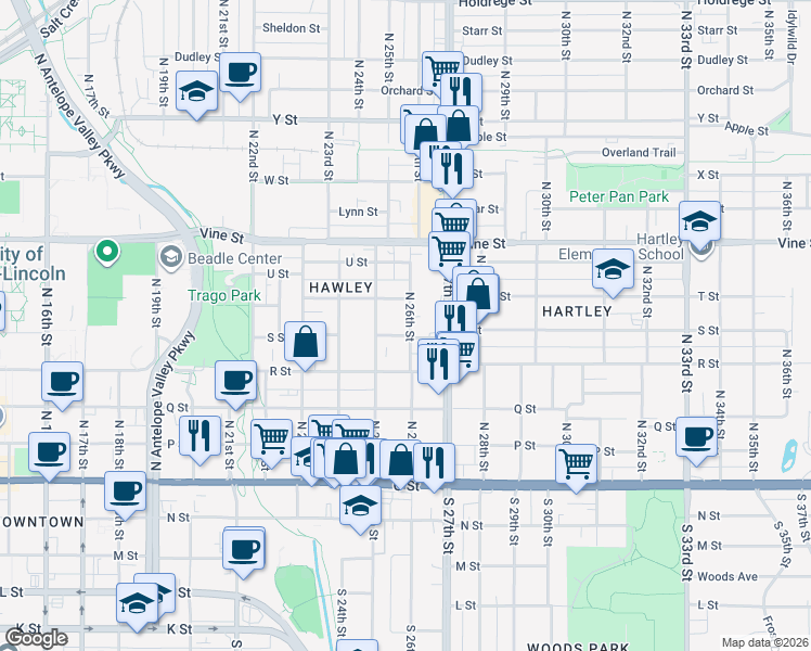 map of restaurants, bars, coffee shops, grocery stores, and more near 2546 S Street in Lincoln