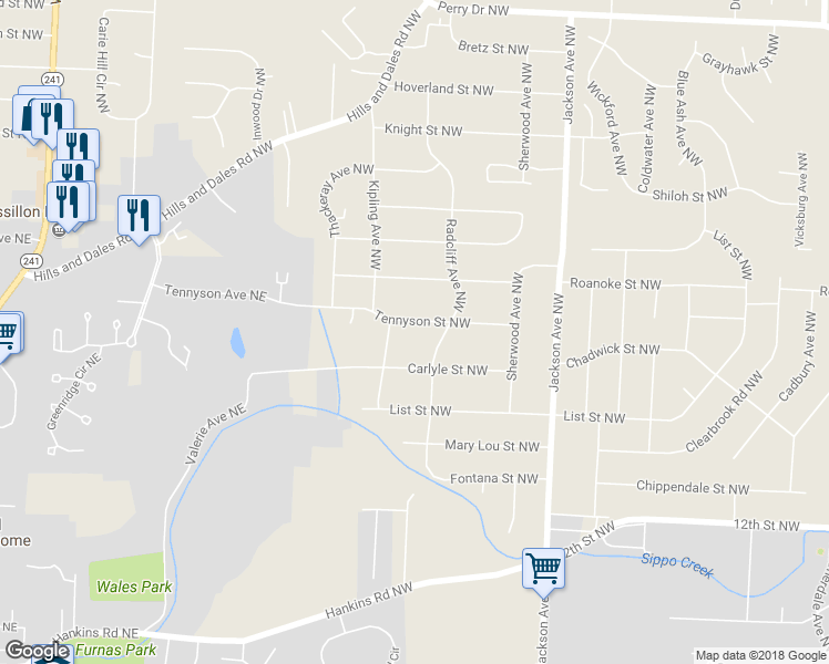 map of restaurants, bars, coffee shops, grocery stores, and more near 2323 Tennyson Street Northwest in Massillon