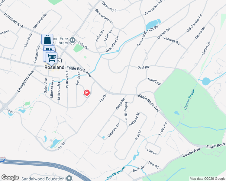 map of restaurants, bars, coffee shops, grocery stores, and more near 2 Baldwin Court in Roseland