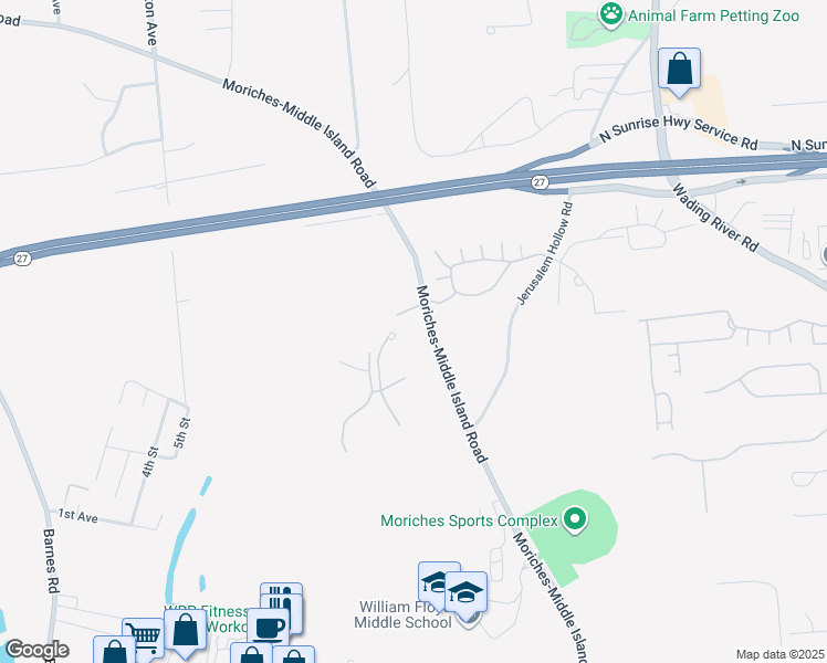 map of restaurants, bars, coffee shops, grocery stores, and more near 78 Wildflower Court in Moriches