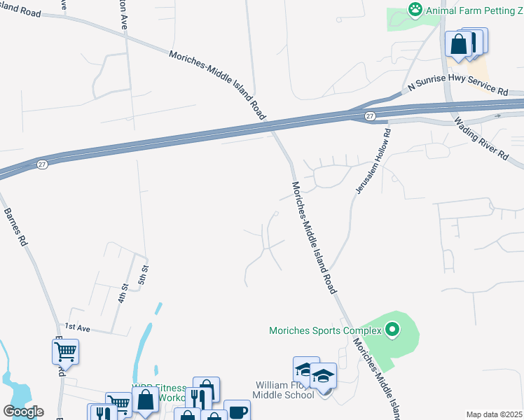 map of restaurants, bars, coffee shops, grocery stores, and more near 1 Meadowoods Lane in Moriches