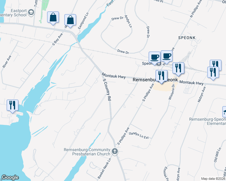 map of restaurants, bars, coffee shops, grocery stores, and more near 186 South Country Road in Remsenburg-Speonk