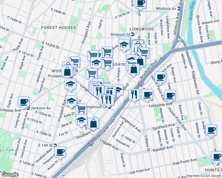 map of restaurants, bars, coffee shops, grocery stores, and more near 855 Fox Street in Bronx