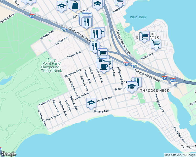 map of restaurants, bars, coffee shops, grocery stores, and more near 287 Revere Avenue in Bronx