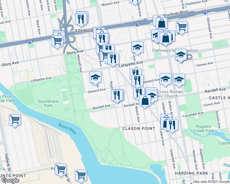 map of restaurants, bars, coffee shops, grocery stores, and more near 646 Rosedale Avenue in Bronx