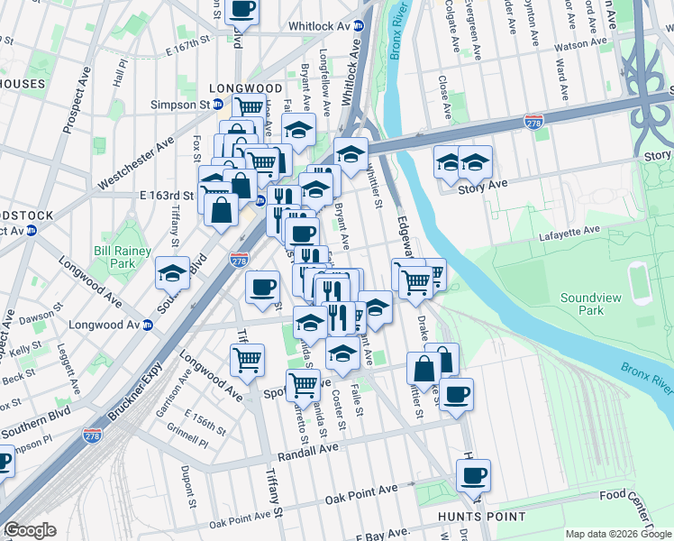 map of restaurants, bars, coffee shops, grocery stores, and more near 836 Faile Street in Bronx