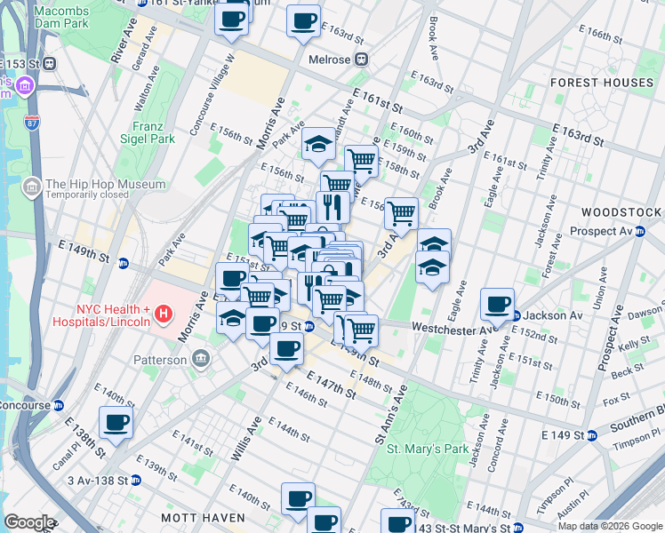 map of restaurants, bars, coffee shops, grocery stores, and more near 627 Melrose Avenue in Bronx