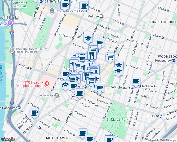 map of restaurants, bars, coffee shops, grocery stores, and more near 627 Melrose Avenue in Bronx