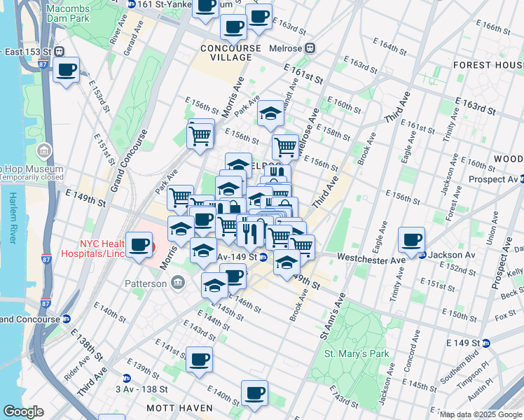 map of restaurants, bars, coffee shops, grocery stores, and more near in The Bronx