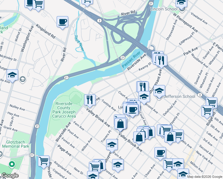 map of restaurants, bars, coffee shops, grocery stores, and more near 223 Park Avenue in Lyndhurst