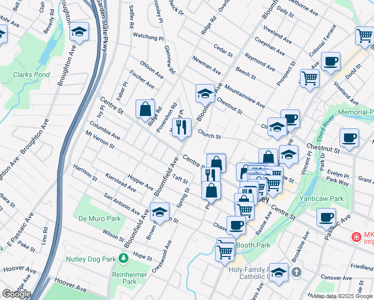 map of restaurants, bars, coffee shops, grocery stores, and more near in Nutley