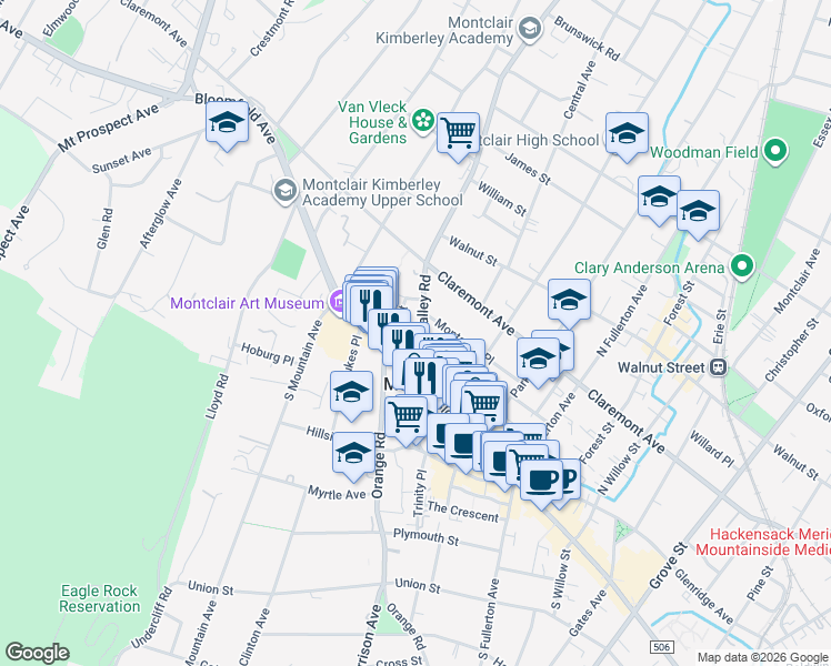 map of restaurants, bars, coffee shops, grocery stores, and more near 64 Valley Road in Montclair