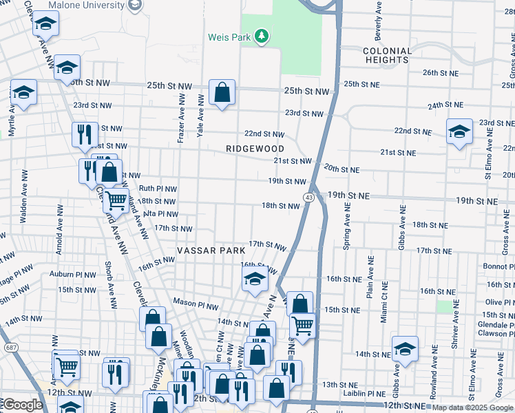 map of restaurants, bars, coffee shops, grocery stores, and more near 1747 Oberlin Court Northwest in Canton