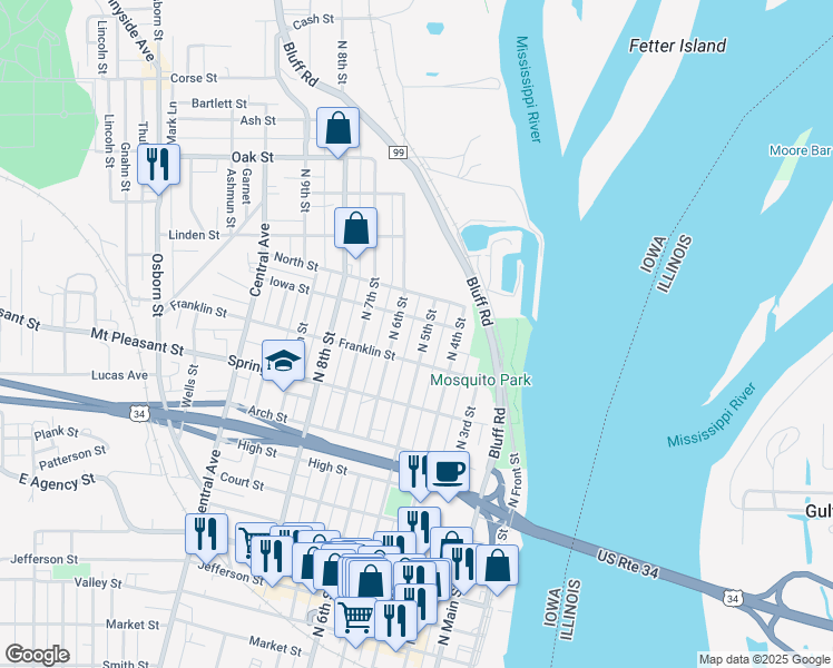 map of restaurants, bars, coffee shops, grocery stores, and more near 1015 North 5th Street in Burlington