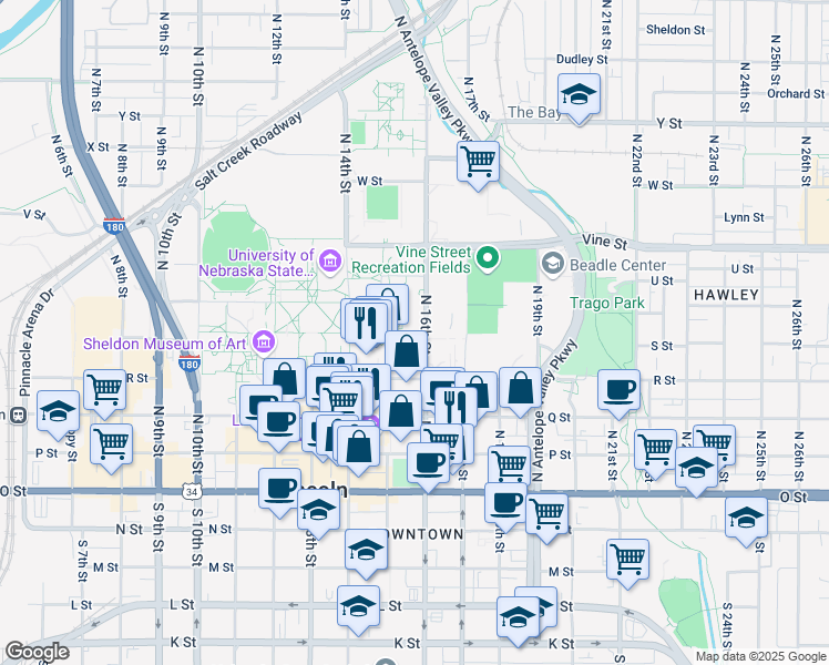 map of restaurants, bars, coffee shops, grocery stores, and more near 1548 S Street in Lincoln
