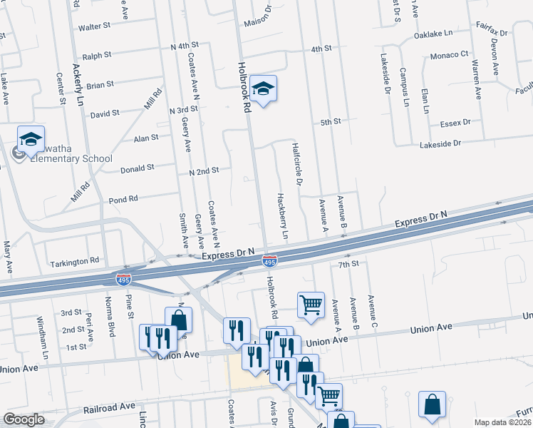 map of restaurants, bars, coffee shops, grocery stores, and more near 119 Holbrook Road in Holbrook