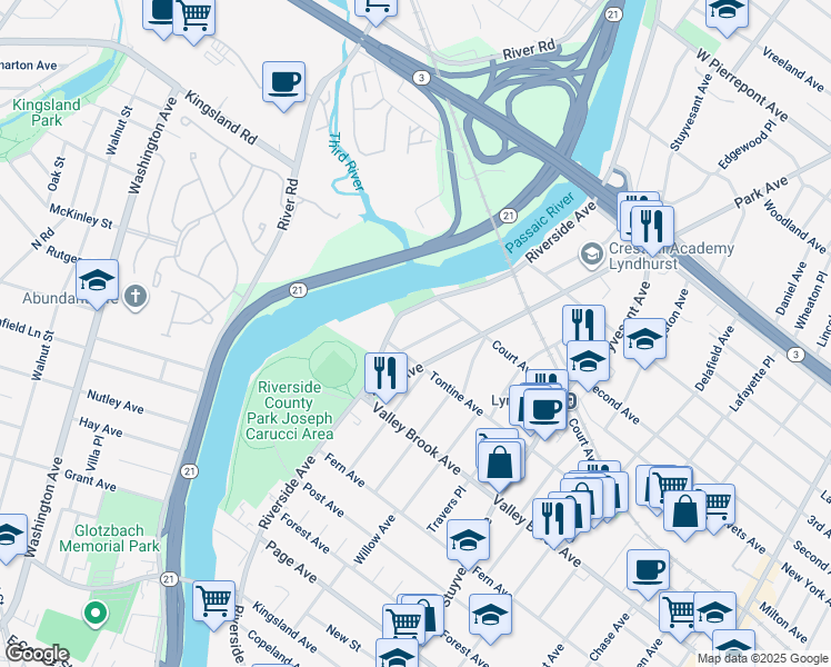 map of restaurants, bars, coffee shops, grocery stores, and more near 236 Peabody Avenue in Lyndhurst