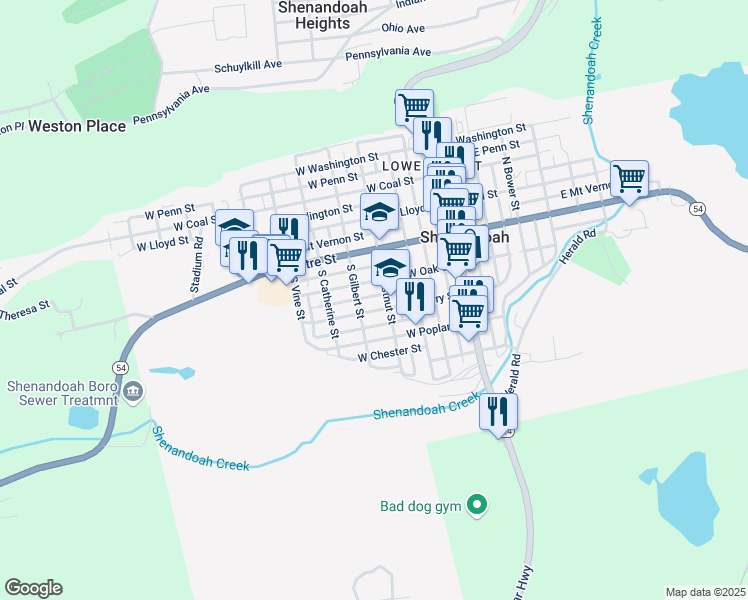 map of restaurants, bars, coffee shops, grocery stores, and more near 316 West Atlantic Street in Shenandoah