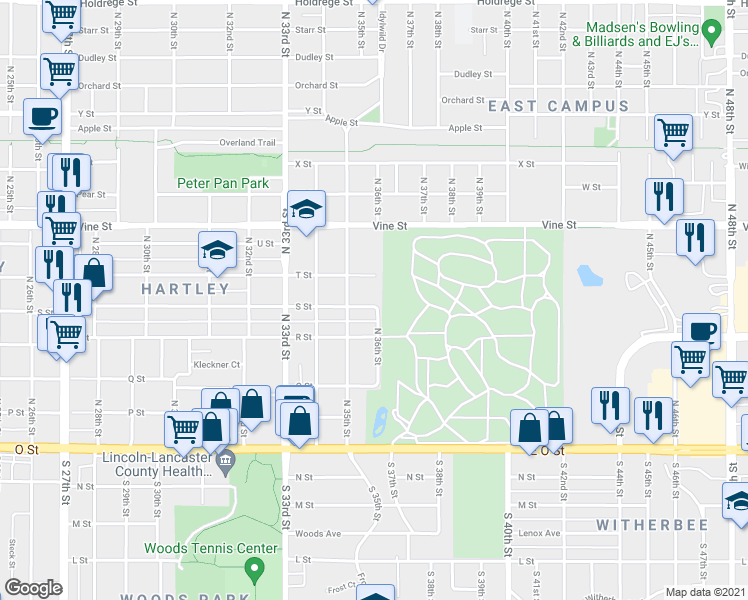 map of restaurants, bars, coffee shops, grocery stores, and more near 3540 S Street in Lincoln