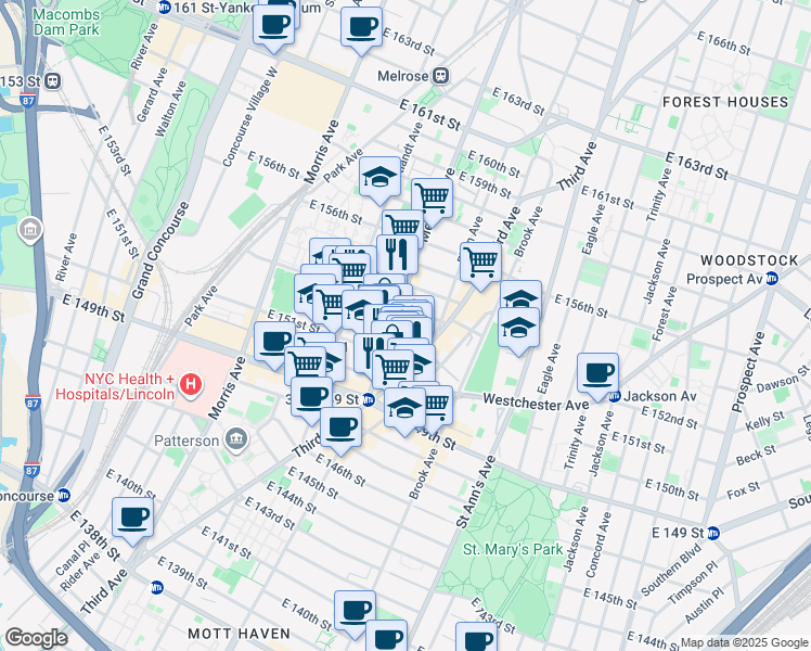 map of restaurants, bars, coffee shops, grocery stores, and more near 627 Melrose Avenue in Bronx