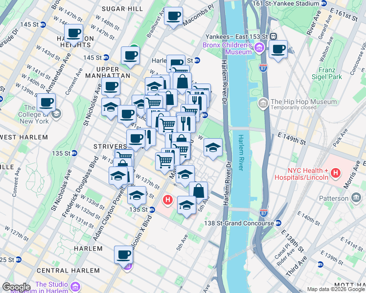 map of restaurants, bars, coffee shops, grocery stores, and more near 630 Malcolm X Boulevard in New York