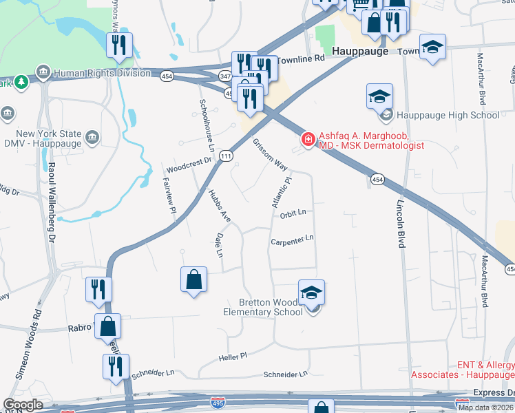map of restaurants, bars, coffee shops, grocery stores, and more near 6 Greene Court in Hauppauge