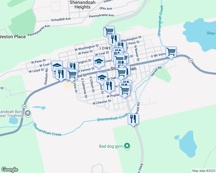 map of restaurants, bars, coffee shops, grocery stores, and more near 207 West Cherry Street in Shenandoah