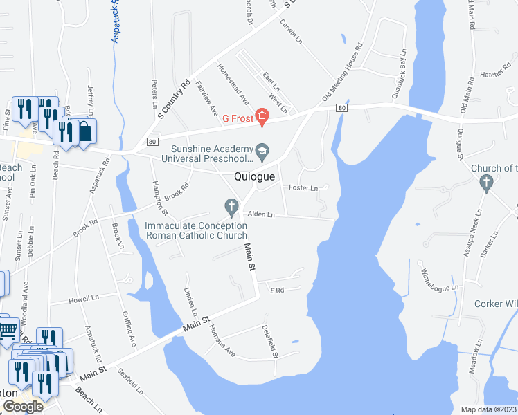 map of restaurants, bars, coffee shops, grocery stores, and more near 12 Alden Lane in Westhampton Beach