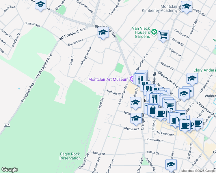 map of restaurants, bars, coffee shops, grocery stores, and more near 53 Lloyd Road in Montclair