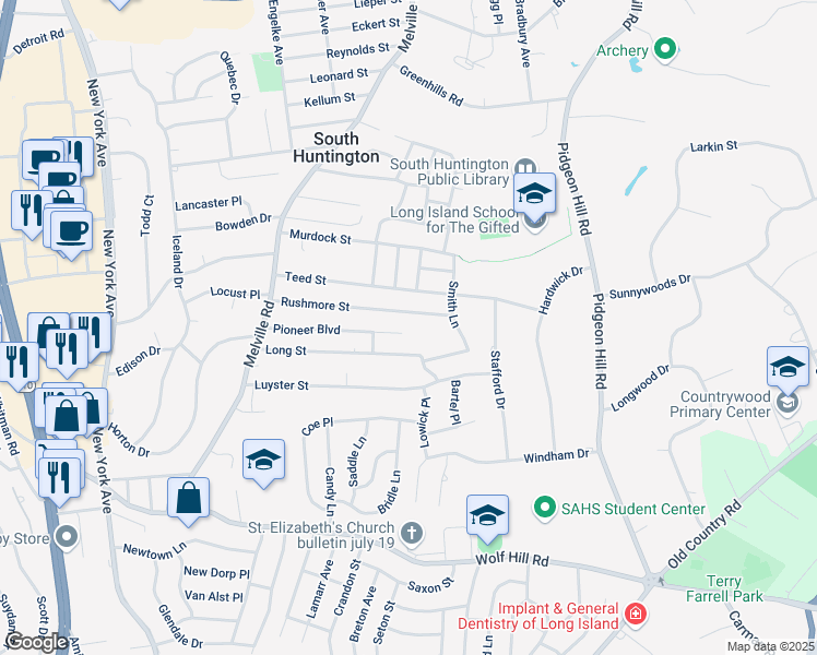 map of restaurants, bars, coffee shops, grocery stores, and more near 46 Pioneer Boulevard in Dix Hills