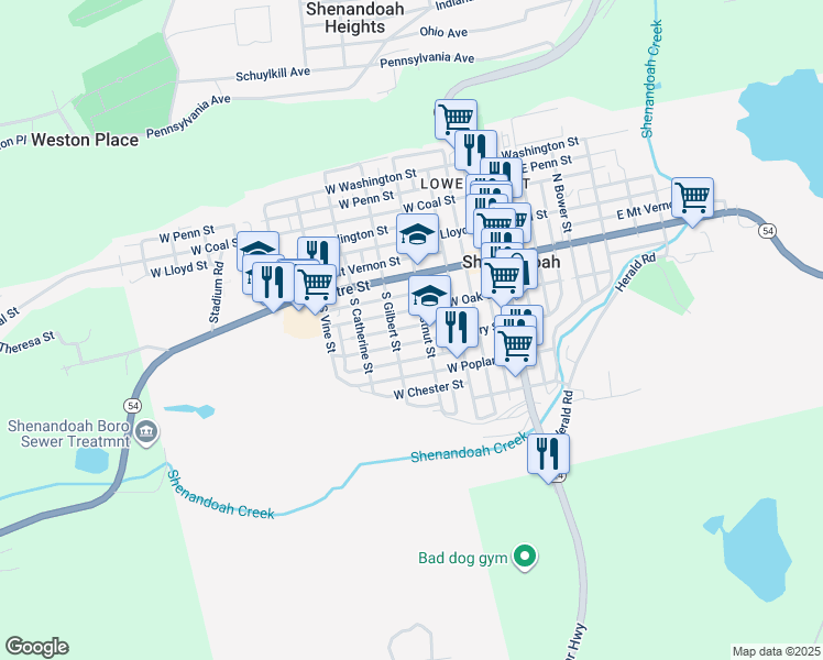 map of restaurants, bars, coffee shops, grocery stores, and more near 316 West Atlantic Street in Shenandoah