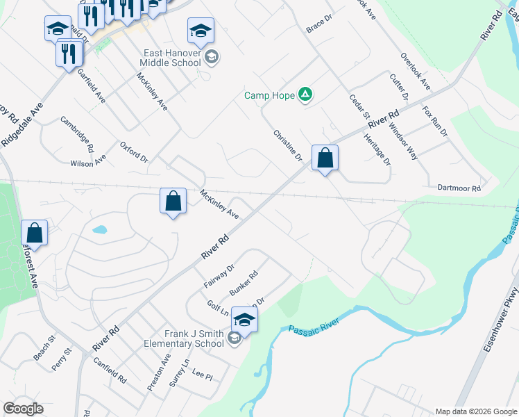 map of restaurants, bars, coffee shops, grocery stores, and more near 293 River Road in East Hanover