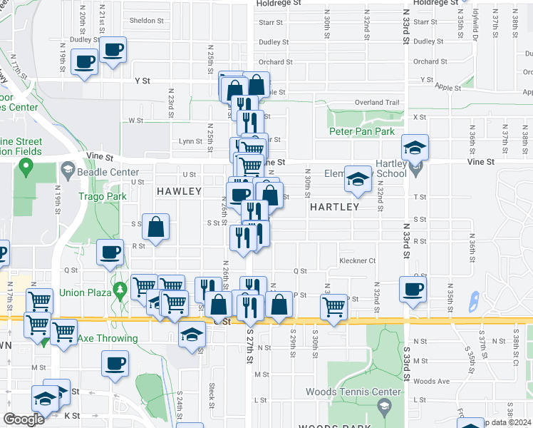 map of restaurants, bars, coffee shops, grocery stores, and more near 2748 S Street in Lincoln
