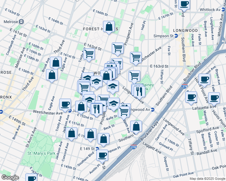 map of restaurants, bars, coffee shops, grocery stores, and more near 853 Macy Place in Bronx