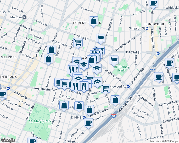 map of restaurants, bars, coffee shops, grocery stores, and more near 778 Union Avenue in Bronx