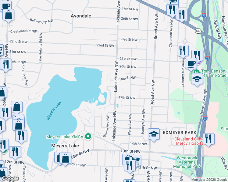 map of restaurants, bars, coffee shops, grocery stores, and more near 1710 North Pointe Drive Northwest in Canton